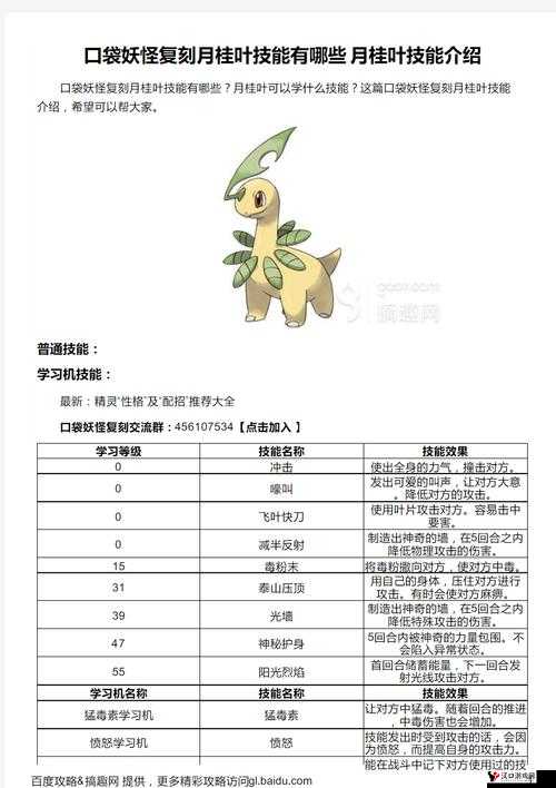 口袋妖怪复刻月桂叶种族值如何,月桂叶种族值解析